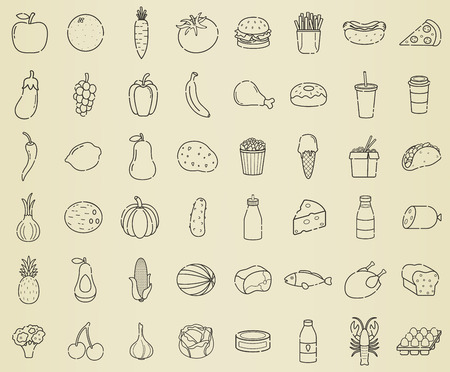 Food icons set. Fruits, Vegetables, Fast food and every day food. Outline icons style. Vectorのイラスト素材