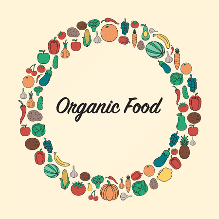 Food and Drink background. Organic food. Fruits and vegetables. Healthy eating concept. Vector illustrationのイラスト素材