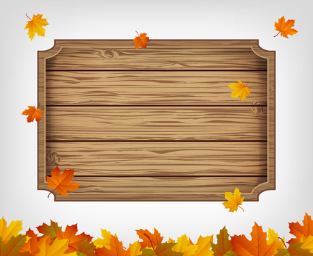 Autumn background with maple leaves and wooden sign. Vectorのイラスト素材