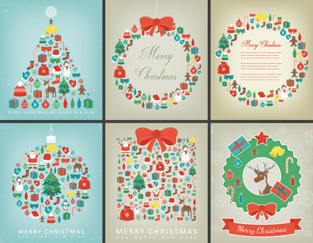 Christmas greeting card set with Merry Christmas and Happy New Year wishes. Holidays winter collection. Vectorのイラスト素材