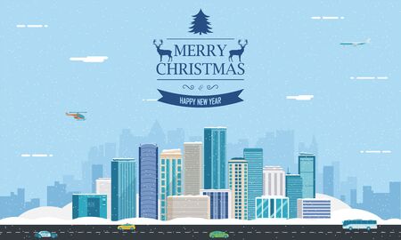 Snowy urban landscape. Winter City. Building architecture, cityscape town. City with snowflakes. Vector illustration.のイラスト素材