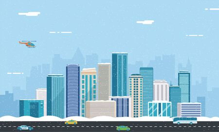 Snowy urban landscape. Winter City. Building architecture, cityscape town. City with snowflakes. Vector illustration.のイラスト素材