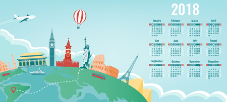 Calendar for 2018 with famous wolrd landmarks. Week Starts Sunday. Vectorのイラスト素材