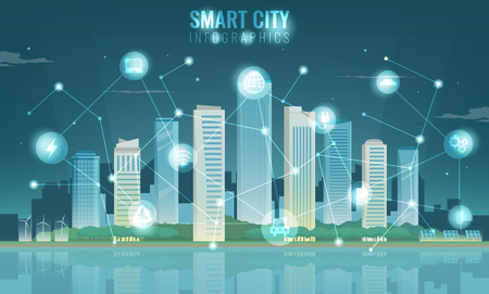 Urban landscape with infographic elements. Modern city. Smart city. Concept website template. Vectorのイラスト素材