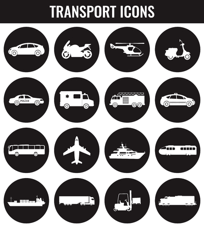 Transportation icons set. City cars and vehicles transport. Car, ship, airplane, train, motorcycle, helicopter. Silhouettes. Vectorのイラスト素材