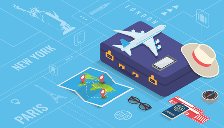 Travel equipment in Isometric style. Travel and tourism concept. Vector illustrationのイラスト素材