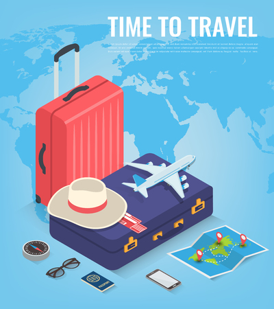 Travel equipment in Isometric style. Travel and tourism concept. Vector illustrationのイラスト素材