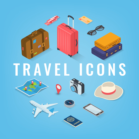 Travel icons in Isometric style. Travel and tourism concept. Vector illustrationのイラスト素材