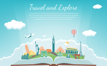 Travel composition with famous world landmarks. Travel and Tourism concept. Vector illustrationのイラスト素材