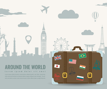 Travel composition with famous world landmarks. Travel and Tourism. Concept website template. Vectorのイラスト素材