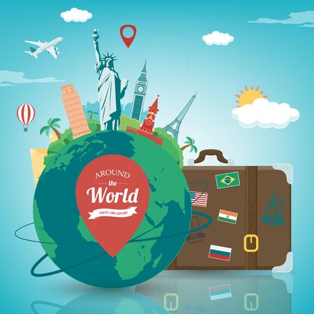 Travel composition with famous world landmarks. Travel and Tourism concept. Vectorのイラスト素材