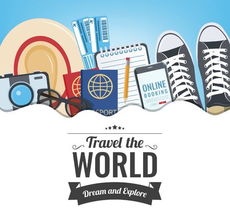 Travel the World background with items for travel. Travel and Tourism concept. Vectorのイラスト素材