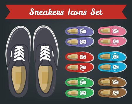 Sneakers top view. Shoes background. Sneakers and Slippers collection. Vectorのイラスト素材