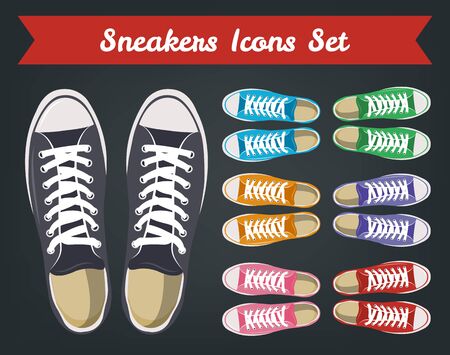 Sneakers top view. Shoes background. Sneakers and Slippers collection. Vectorのイラスト素材