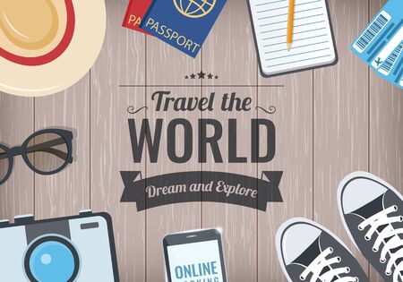 Travel the World background with items for travel. Travel and Tourism concept. Vectorのイラスト素材