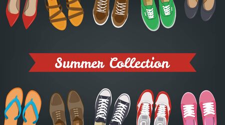 Mens and Womens shoes background. Shoes icons. Sneakers and Slippers collection. Vectorのイラスト素材