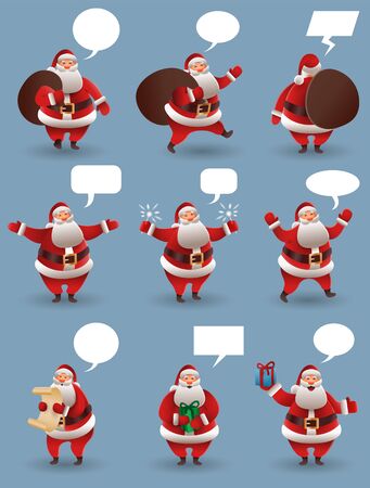 Santa Claus christmas character set. Santa with different gestures and gifts. For Christmas cards, banners, tags and labels. Vector illustrationのイラスト素材