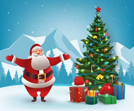 Santa Claus with Christmas tree. Merry Christmas and Happy New Year. Vector illustrationのイラスト素材