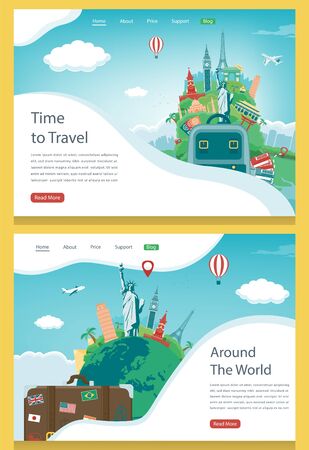 Travel composition with famous world landmarks. Travel and Tourism. Concept website template. Vector illustrationのイラスト素材