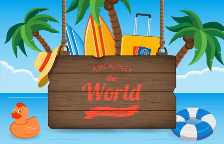 Summer holidays composition with sand beach, palms and travel stuff. Trave and Tourism concept. Vector illustrationのイラスト素材