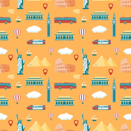 Travel composition with famous world landmarks. Seamless pattern. Vectorのイラスト素材