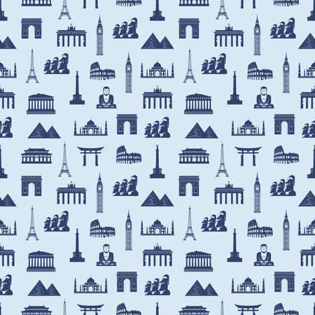 Travel composition with famous world landmarks. Seamless pattern. Vectorのイラスト素材