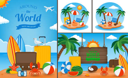 Travel and Tourism template with famous landmarks and travel stuff. Vectorの写真素材