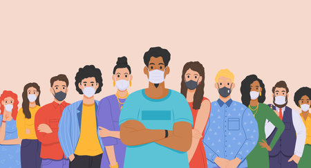 Different group of people wearing protective medical masks. People protecting themselfves from the Coronavirus. Vectorのイラスト素材