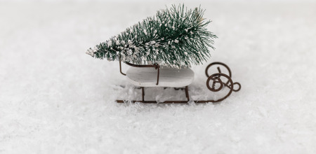 Christmas and New Year miniature christmas tree on sleigh on snow. Copy space for text. Winter...