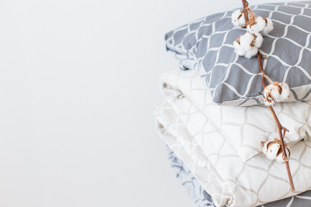 Two bedding sets in grey and beige, cool for two children, for siblings. Modern bed linen, in trend,...