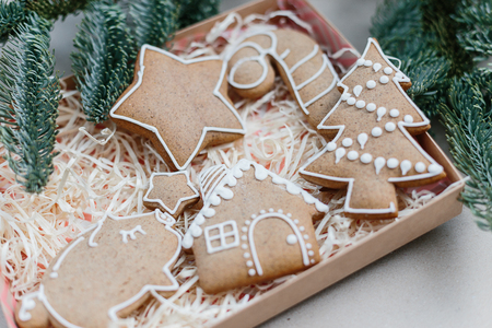 Christmas homemade gingerbread cookies in gift box. Idea for christmas giftの写真素材
