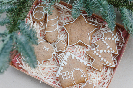 Christmas homemade gingerbread cookies in gift box. Idea for christmas giftの写真素材