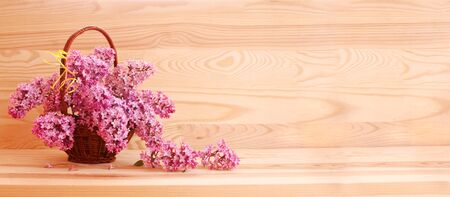 Purple lilac bouquet in basket isolated on wooden background.の写真素材