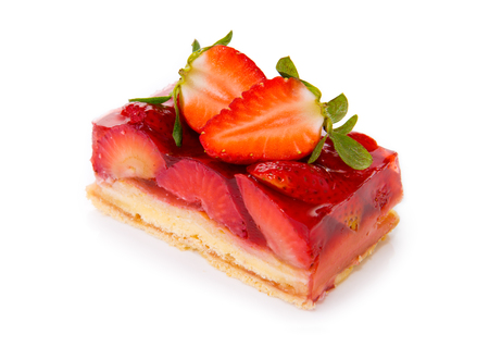 Strawberry pie isolated on  white background.Fruitcake and red juicy strawberrys.の写真素材