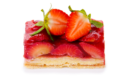 Strawberry pie isolated on  white background.Fruitcake and red juicy strawberrys.の写真素材