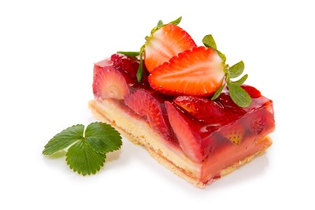 Strawberry pie isolated on  white background.Fruitcake and red juicy strawberrys.の写真素材