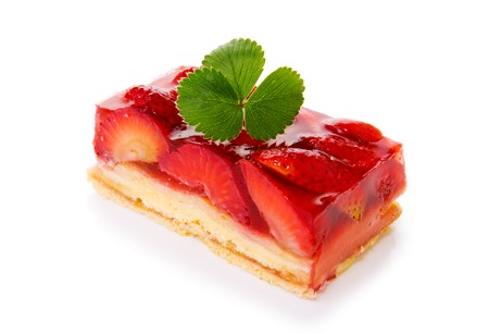 Strawberry pie isolated on  white background.Fruitcake and green leaf.の写真素材