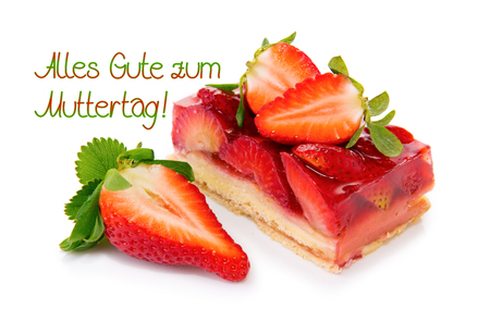 Strawberry pie isolated on  white background.Fruitcake and have red juicy strawberry.Mother's day card.の写真素材