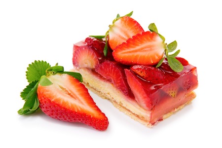 Strawberry pie isolated on  white background.Fruitcake and have red juicy strawberry.の写真素材