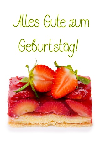 Strawberry pie isolated on  white background.Fruitcake and red juicy strawberrys.Birthday card.の写真素材