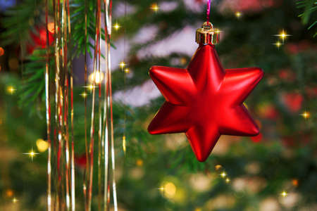 Christmas Decoration. Christmas Fir Tree Branches and decoration with red Star . Christmas Card.