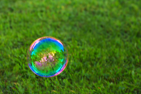 The rainbow soapbubble .Soapbubble isolated on green natural background.の写真素材