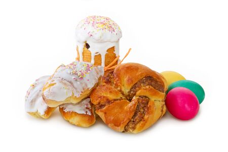 Easter cake and easter eggs on white background.の写真素材