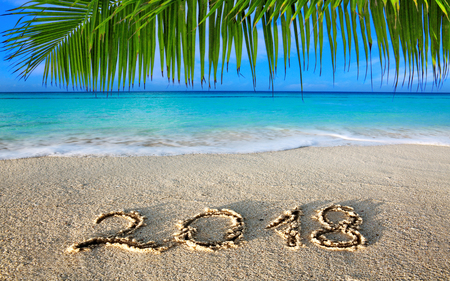 New Year 2018 Inscription written and Caribbean sea with green palm .の写真素材