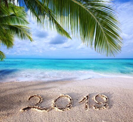 New Year 2019 Inscription written in the white Caribbean sand.
