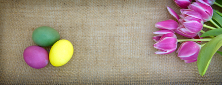 Easter eggs and tulips. Festive decoration on cloth background.の写真素材