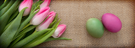 Tulips and easter Eggs on brown cloth Background.の写真素材