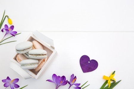 Purple crocuses and macaron cookies in the basket on white background.の写真素材