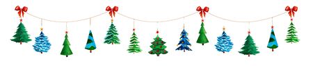 Christmas garland of colorful fir trees and red bow isolated on white background.の写真素材