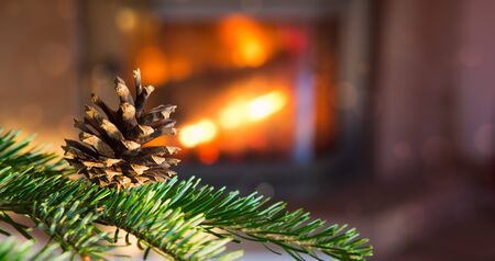 Christmas tree with fir tree cone against a stone fireplace.の写真素材